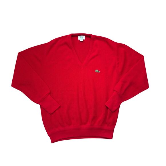 Vintage 70s - 80's IZOD Lacoste Men's Sweater, size Large, Bright Red, V Neck - Picture 1 of 9
